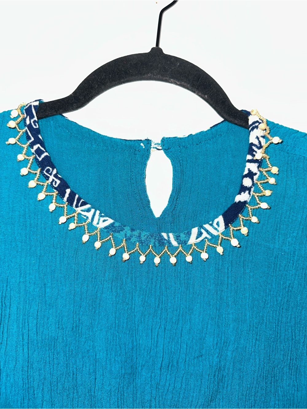 Women's Teal Short-Sleeve Embellished Neck Top - Picture 2 of 4